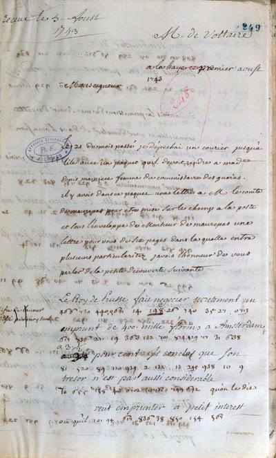 Letter Written by Voltaire When Working as a Secret Agent at the Hague to the French Foreign Minister in Paris, 1st August 1743 by Francois Marie Arouet Voltaire